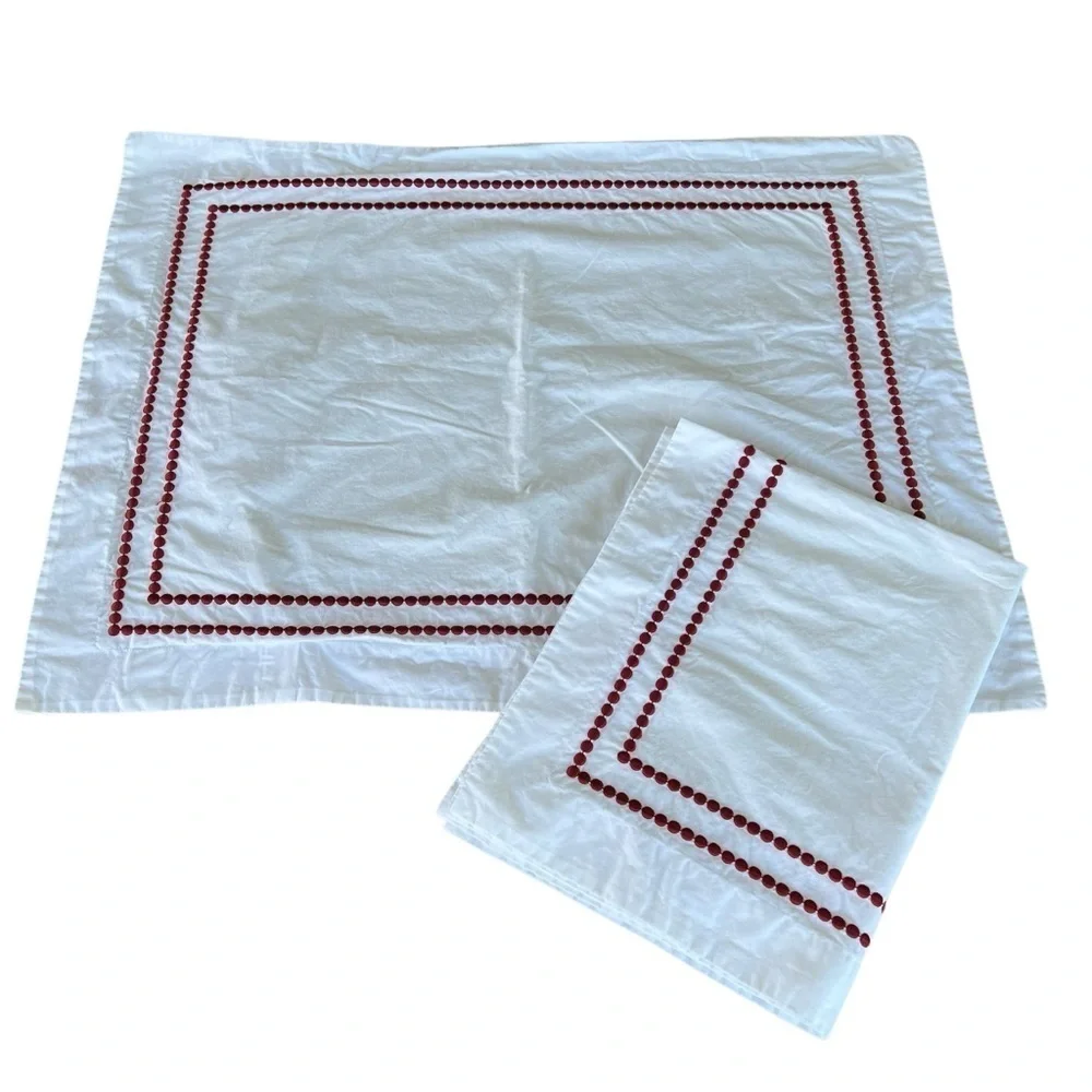 Pottery Barn Pearl Dot Embroidered Trim Duvet Set Ruby Red White Full Queen GUC